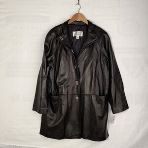 Ellen Tracy Leather Jacket Women's M Black Genuine Leather Button Up Coat